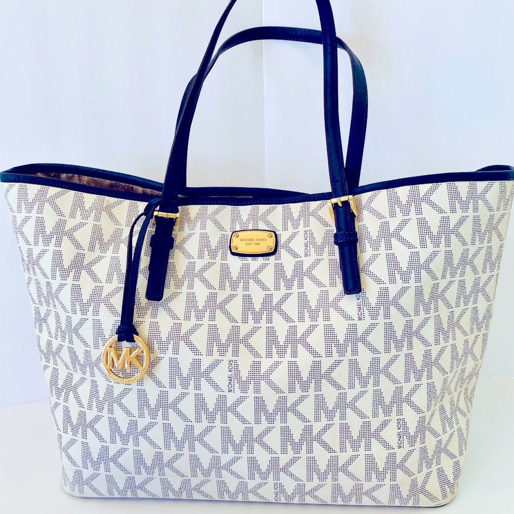 Michael Kors White & navy MK Monogram Tote with Gold Accents